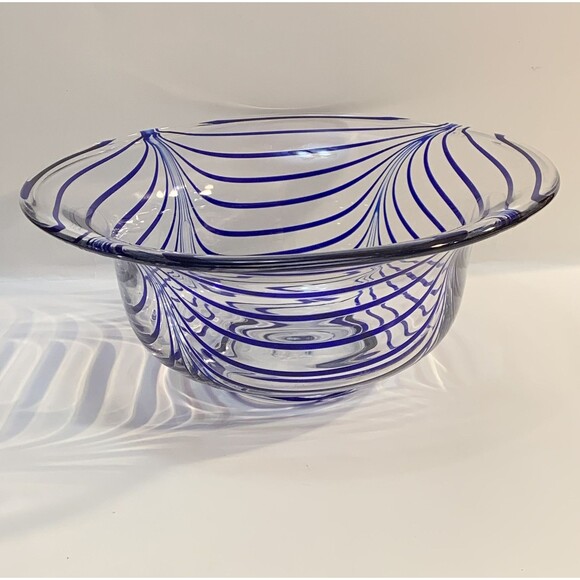 Clear Art Glass Bowl Blue Pulled Ribbon Swirls MCM Handmade Pontil Base Marked M - Picture 3 of 12